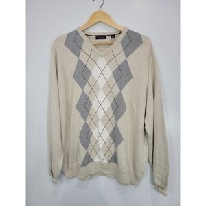 Van Heusen XXL Mens Argyle Sweater V Neck‎ Long Sleeve Beige Gray White Cotton